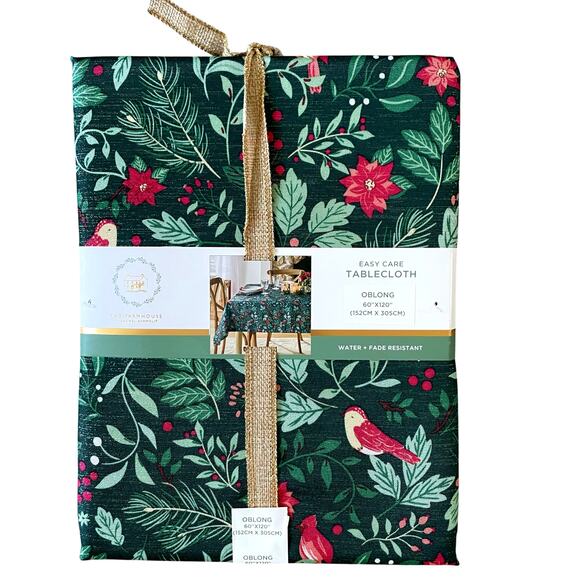 The Farmhouse Easy Care 60x120 Christmas Tablecloth Holiday Holly & Cardinals - Picture 1 of 12